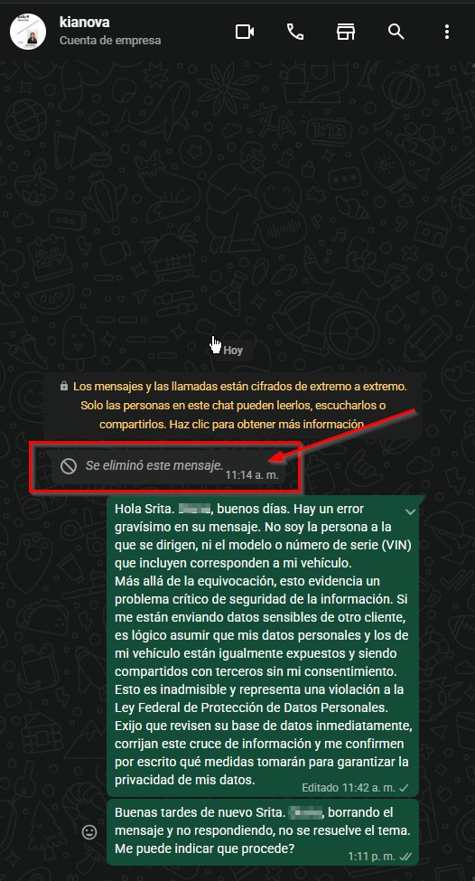 guessinny's tweet photo. Inadmisible manejo de datos en KIA Nova Qro. Me envían x Whats datos sensibles de otro cliente, borran evidencia, y al reclamar derechos ARCO, sus correos corp. y Aviso Priv están dados de baja (adj pruebas). ¿Quién protege mi información? @KiaMexico @inaimx1 #ProteccionDeDatos https://t.co/6H0fgobRVj