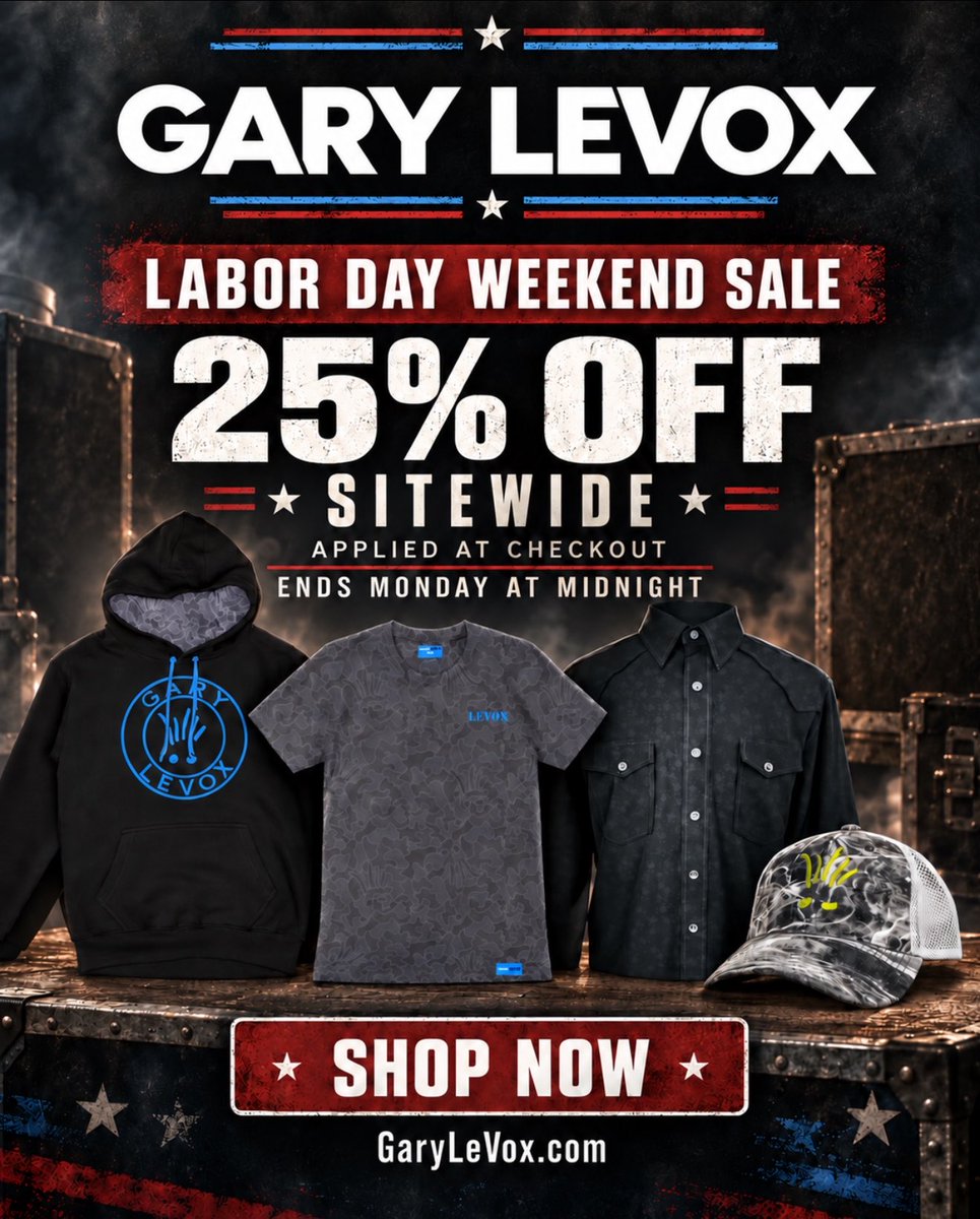 GaryLevox's tweet photo. Labor Day weekend just got 25% better! 🇺🇸 
Shop 25% OFF sitewide now through Monday at midnight! 
Discount applied at checkout.
https://t.co/IyQIjoMdnl https://t.co/VDqFwv4Dz1