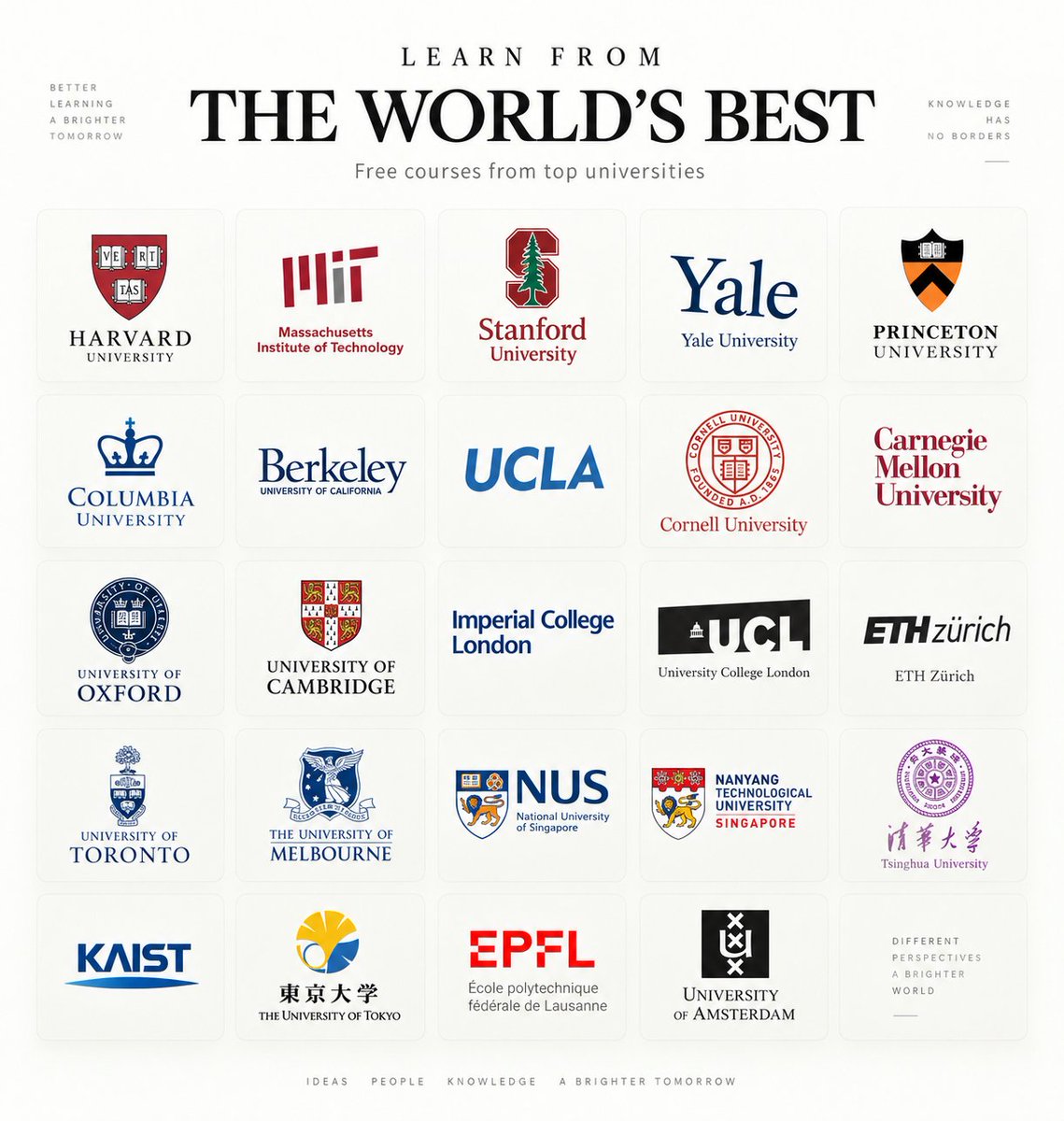 rebubit's tweet photo. 50 FREE courses and resources from the world's top universities

1. https://t.co/dk436LV40b → Harvard's legendary computer science course
2. https://t.co/6tkhPnVXsn → MIT's free course materials
3. https://t.co/iTrDWeufoD → Stanford's free course archive
4. https://t.co/dg5GhSHICk → Yale's open course recordings
5. https://t.co/4PfeoAR7ew → Berkeley's open educational resources
6. https://t.co/N50Z34p0Hq → Michigan's open course collection
7. https://t.co/HyT249UYWn → MIT's open learning platform
8. https://t.co/BzjJYCpFLr → Open University free courses
9. https://t.co/YWbK5BBos5 → Delft engineering courses
10. https://t.co/1oGhR43zwf → Free courses in audit mode
11. https://t.co/Df0FR3V1w4 → Courses from universities worldwide
12. https://t.co/lsP6l0oBmT → Free short courses
13. https://t.co/QK14f3V6qe → Directory of free courses
14. https://t.co/6Wepdus8Ve → Free university-level courses
15. https://t.co/z783wTkXiC → Free university textbooks
16. https://t.co/j5YIcn7NEl → Open-access academic books
17. https://t.co/YZ5yVRTSDy → Open educational resources archive
18. https://t.co/6ZApcUNwAf → Teaching materials collection
19. https://t.co/Cxw3dY7wCC → Math and science from scratch
20. https://t.co/AeKx9f5SVw → Learn through problem solving
21. https://t.co/vNJr58fIyR → Visual math explained
22. https://t.co/02WuJnZ4aD → Intuitive math explanations
23. https://t.co/DQ3WfkgBFs → Adaptive math learning
24. https://t.co/biWtqxOKO4 → Calculus course notes
25. https://t.co/2EiXIskMXq → Interactive graphing
26. https://t.co/zGEIbzOpnN → Geometry and algebra tools
27. https://t.co/ON5Uzd0JUG → Step-by-step math solutions
28. https://t.co/uDEoOLjmVb → Physics concepts explained
29. https://t.co/OzDmUyPcgI → Physics concept map
30. https://t.co/3WED9GNOhN → Feynman's physics lectures
31. https://t.co/0cw5nSOB4m → Chemistry course library
32. https://t.co/Gbhq0YgLzo → Biology visual resources
33. https://t.co/bvfJdisgvJ → Genetics learning center
34. https://t.co/HuluRDLfCi → Neuroscience basics
35. https://t.co/NmUDMrSfNb → Stanford Encyclopedia of Philosophy
36. https://t.co/x0AJ6O7kuI → Internet Encyclopedia of Philosophy
37. https://t.co/zzLuDHqFjg → Philosophy resources
38. https://t.co/CKkAVTRaOo → Courses on almost every topic
39. https://t.co/RlxH1Pxf6A → Expert explanations
40. https://t.co/qGpx3o5zy3 → Ideas and science content
41. https://t.co/W4SoJPb1VY → In-depth essays
42. https://t.co/140hlEsYwE → Science journalism
43. https://t.co/5xKtMU4BqK → Science and culture
44. https://t.co/nv2JeoBsRi → Scientific paper preprints
45. https://t.co/ElTopAqZOT → Visual machine learning
46. https://t.co/3MMxri3vRQ → Practical AI courses
47. https://t.co/RW3U8RUJ9G → Deep learning by coding
48. https://t.co/iLnesrXihF → Build a computer from scratch
49. https://t.co/HUmsKbMgfr → Computer science curriculum
50. https://t.co/eiOCqBg4uV → Learning roadmaps

the world's best education is free

you just need to know where to find it