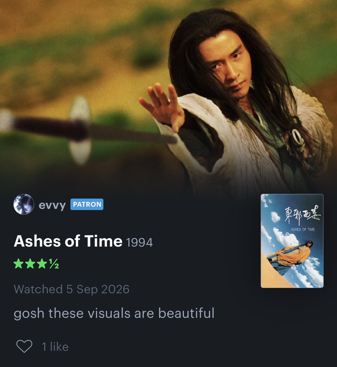 evvyfilms's tweet photo. forgot to say but i watched ashes of time earlier today ! https://t.co/HHkVKmDCIS https://t.co/qoidTKfK8Q