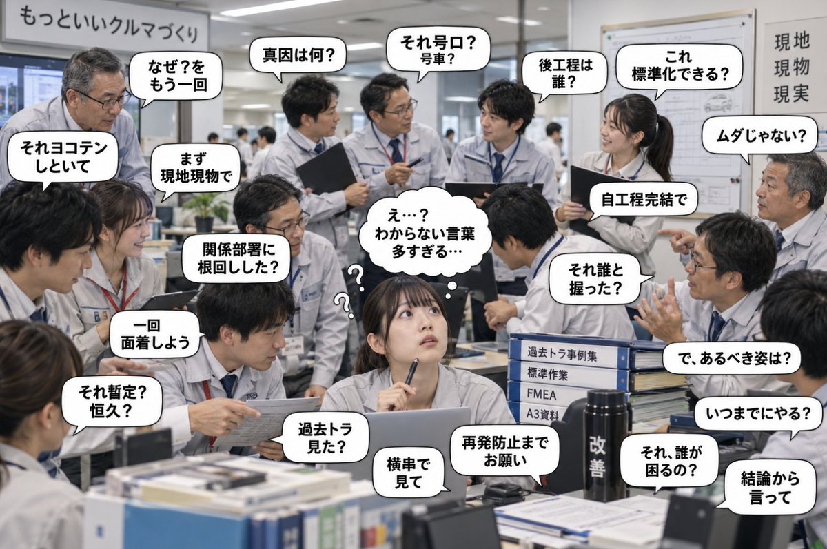 toyotamura_'s tweet photo. トヨタ系に入って最初に絶望した。

日本語なのに、会話がわからない。
「ヨコテン」「過去トラ」「号口」「現地現物」「自工程完結」「真因」「横串」「面着」…

先輩たちは当たり前のように使う。

新人の頃、会議中ずっと
「？？？」だったの私だけじゃないはず。 https://t.co/sDWeXUt8w8