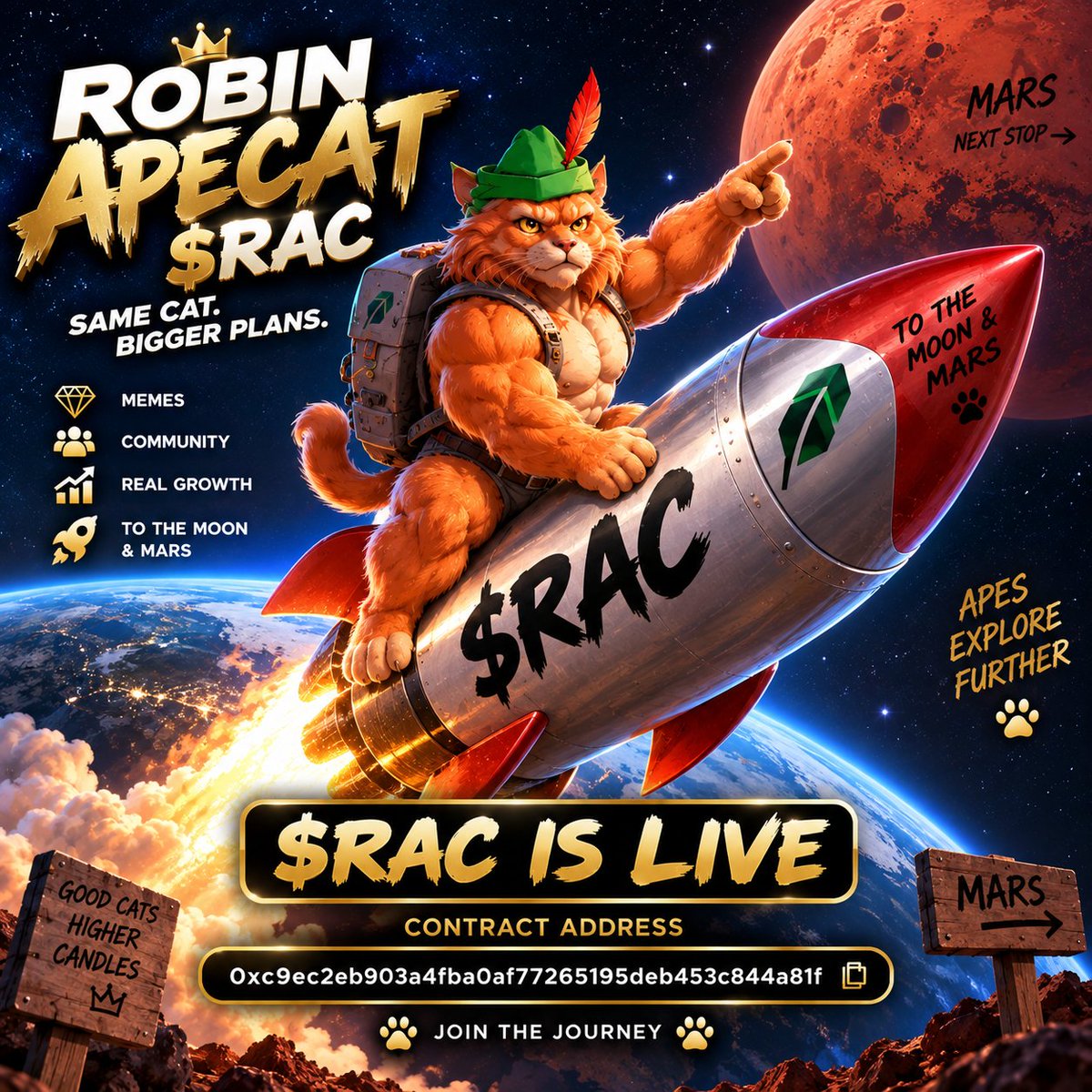 RobinApeCat's tweet photo. @theunipcs 📷

RobinApeCat  #RAC

@RobinApeCat
IS OFFICIALLY LIVE. 🐈🎩Robin ApeCat has left Earth.  Same cat. Bigger plans. 🌎 → 🔴Memes. Community. Diamond paws. 💎🐾 The journey starts now.$RAC Contract:  
0xc9ec2eb903a4fba0af77265195deb453c844a81f#RAC 
#RobinApeCat #Memecoin #Crypto https://t.co/lmgYdVj5oB