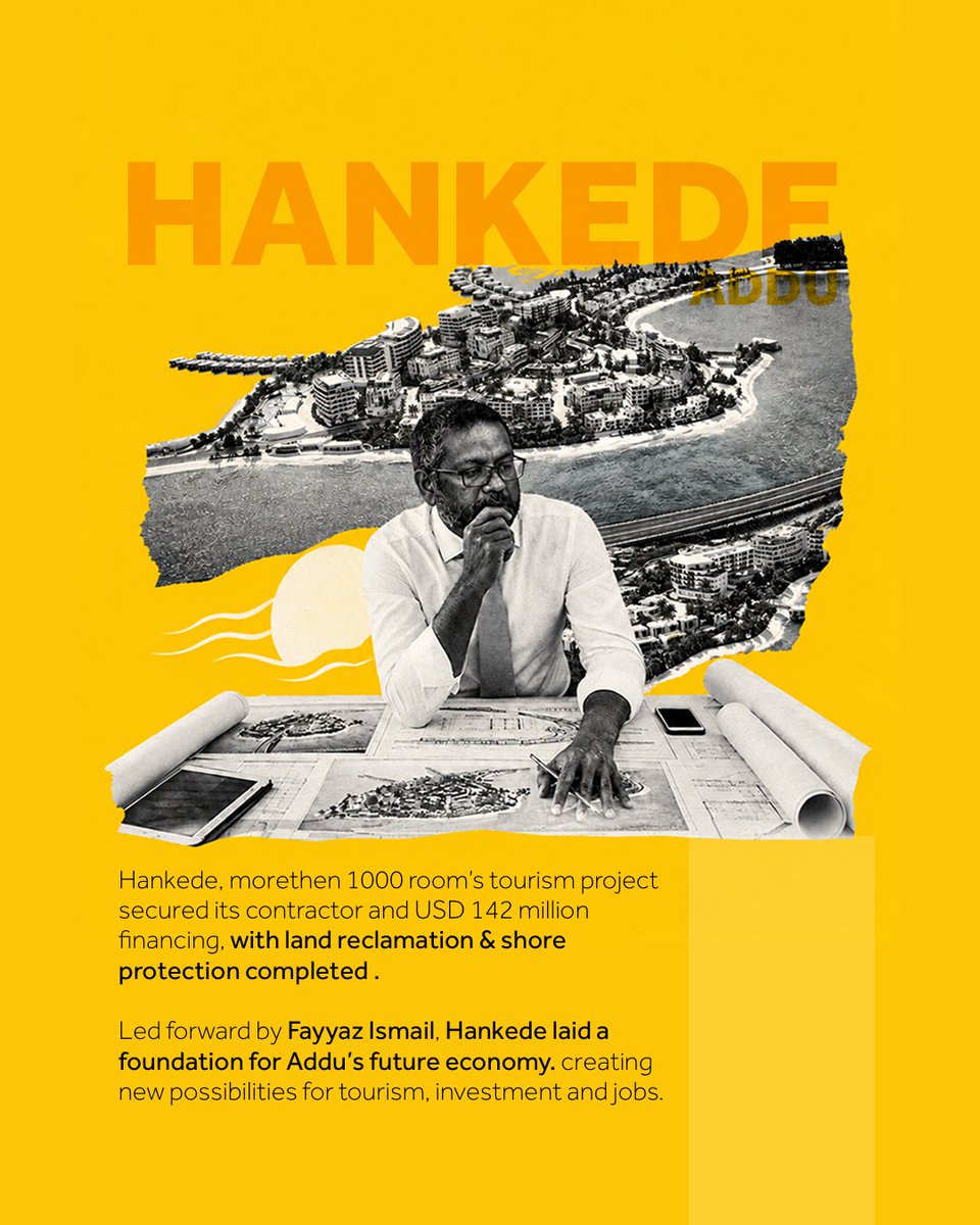 BigChange2028's tweet photo. Hankede, over 1000 room tourism project secured a contractor and USD 142M in financing, with reclamation and shore protection completed. Led by Fayyaz Ismail, the foundation for Addu’s tourism, investment and jobs.

@faya_i
#Faya2028 #BoduBadhalu https://t.co/WuDsKrNbeV