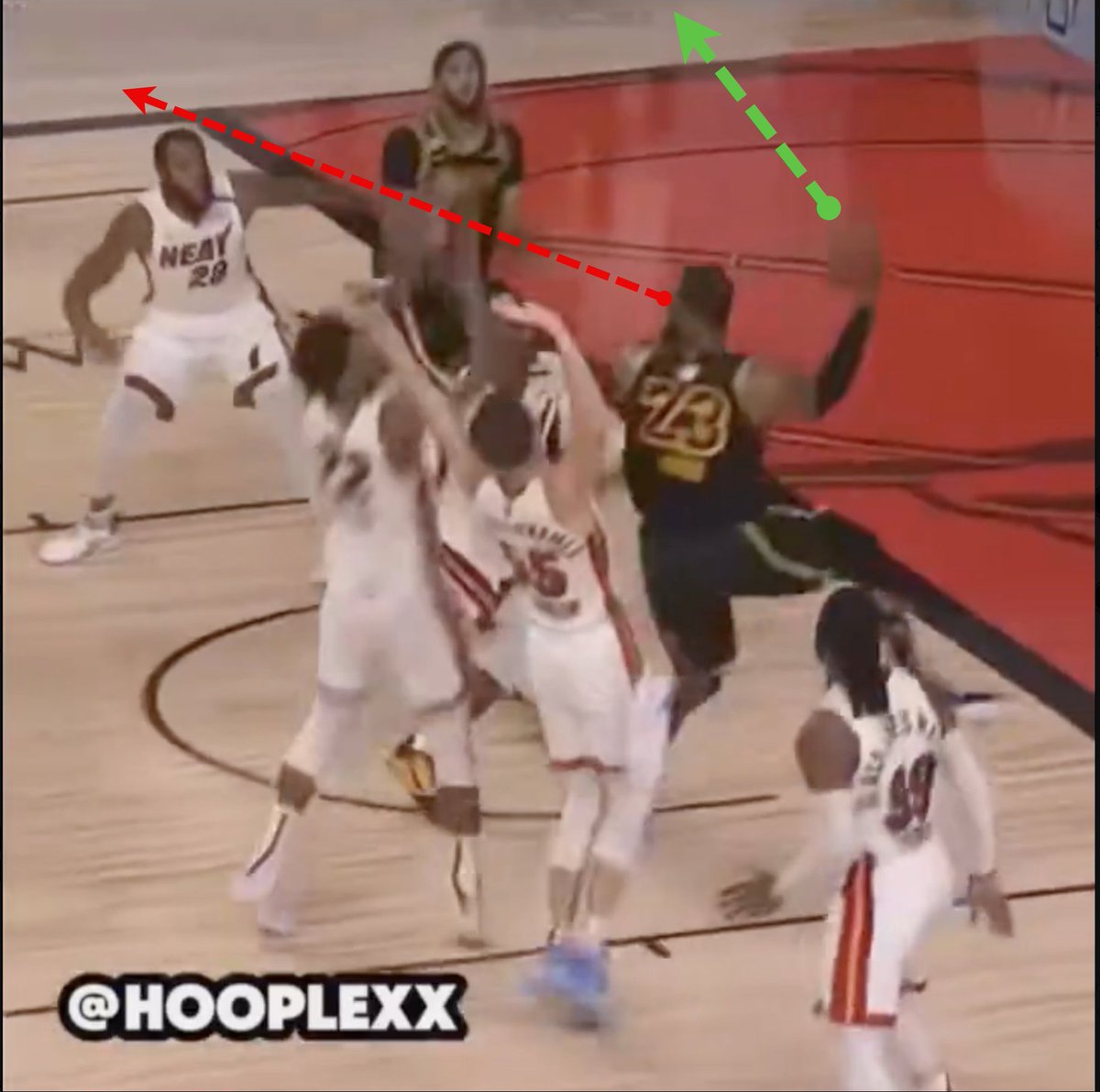 certified_clear's tweet photo. @globetrott59751 @Lakers4Life43 The green arrow goes to the basket.  He clearly isn't under the backboard.  Not sure where he is looking. I think the problem was that he was more than 3ft from the hoop.  He is below league-average shooting % from beyond 3ft. https://t.co/2TZFHYYJ9A