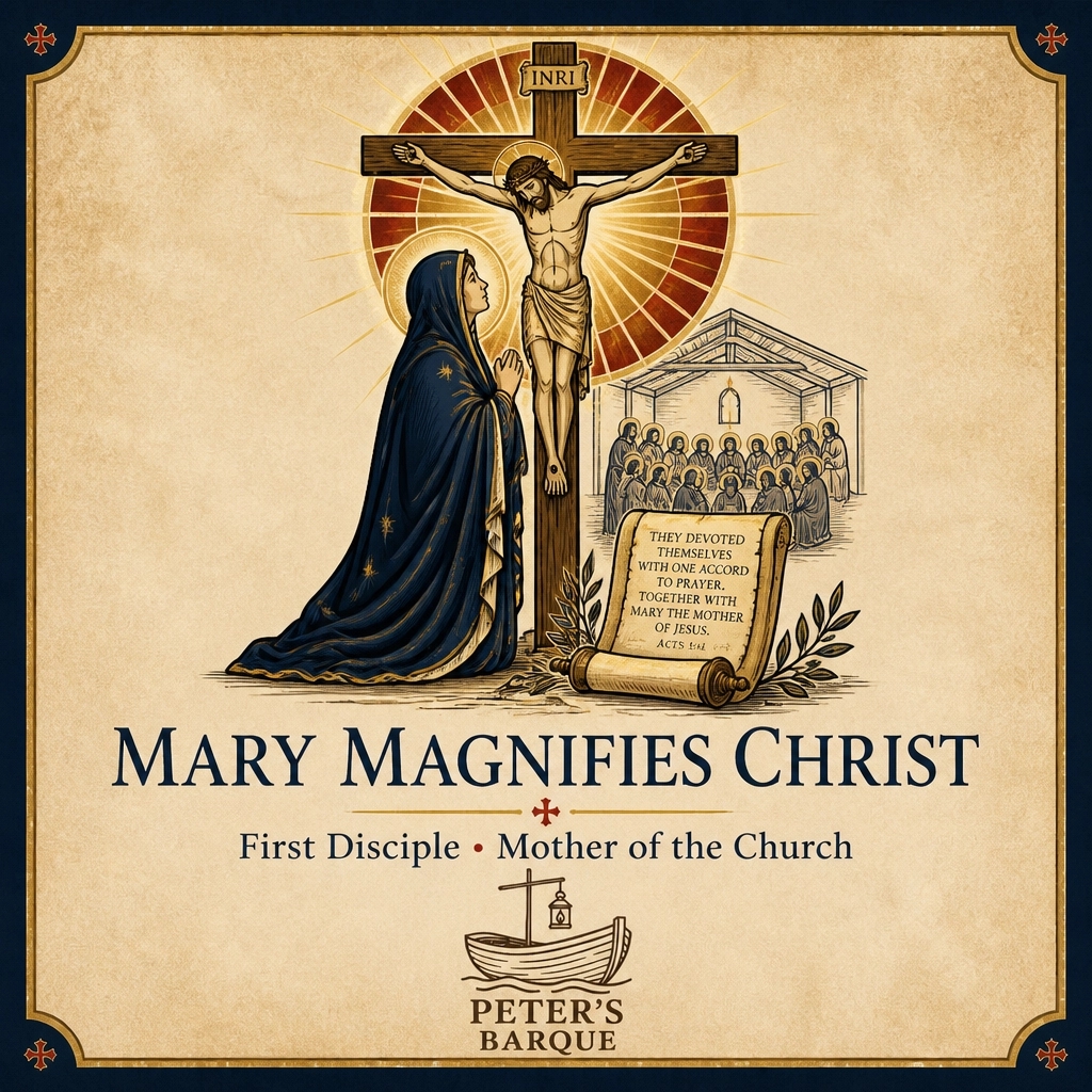 petersbarque's tweet photo. Mary never competes with Christ; she magnifies Him. Lk 1:43, Jn 19:25–27, Acts 1:14, and CCC 963–975 reveal her as first disciple and Mother of the Church. #Catholic https://t.co/G0lGPTgmq8