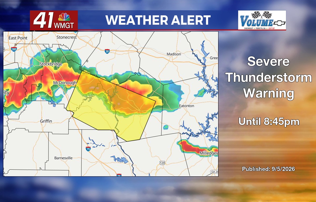 41NBC's tweet photo. 41NBC Weather Alert: Severe Thunderstorm Warning for Butts and Jasper County until 8:45pm. More info at https://t.co/9uj3MYwYCL #gawx #41NBC https://t.co/3PpCzflFrn