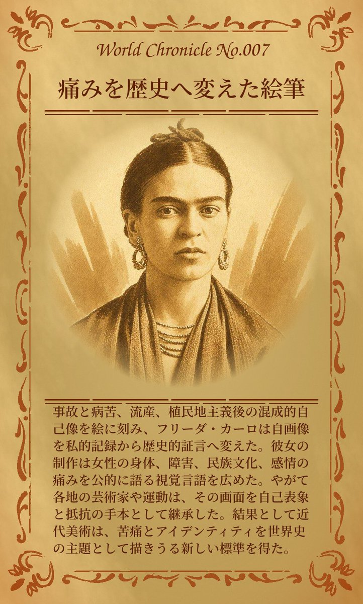 WORLDSTORY73's tweet photo. 壊れた身体と揺れる帰属を隠さず描いたフリーダ・カーロは、痛みを個人の秘密でなく社会が読む記録へ変えた。いま私たちも傷を語る線引きを日々選んでいる。

1日1枚、世界の見方が増える。

#WORLDCHRONICLE #痛みの可視化 https://t.co/YFqi5tqKSl