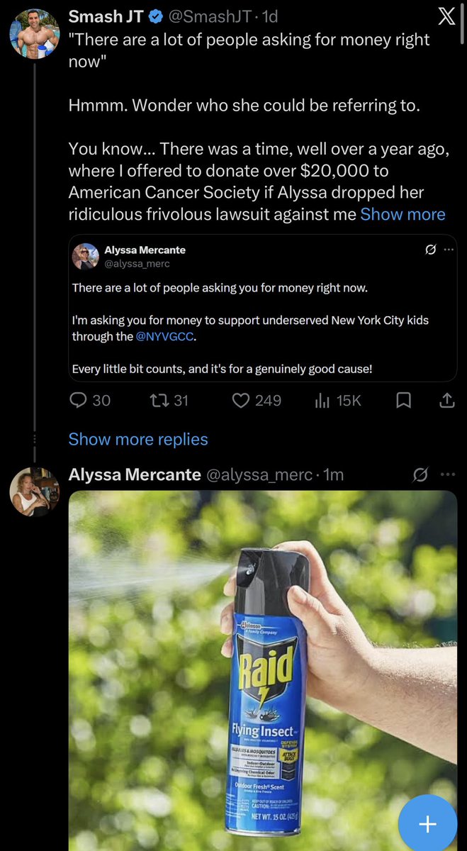 SmashJT's tweet photo. Alyssa Mercante is now unblocking and replying to my thread with what I could only assume is a death threat, based on her logic.

Very odd behavior for someone suing me for, among a myriad of other accusations, harassment.

Wild.

Anyways, please consider donating to my give send go.

LINK: https://t.co/giHHigVhGr