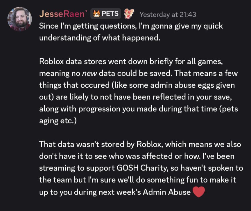 TheUpliftA's tweet photo. Statement from Jesse regarding the data loss that occurred during Admin Abuse today 👇

TLDR: it was due to Roblox’s servers &amp; players can look forward to something fun next Admin Abuse to make up for it https://t.co/nkH7hgNKXG