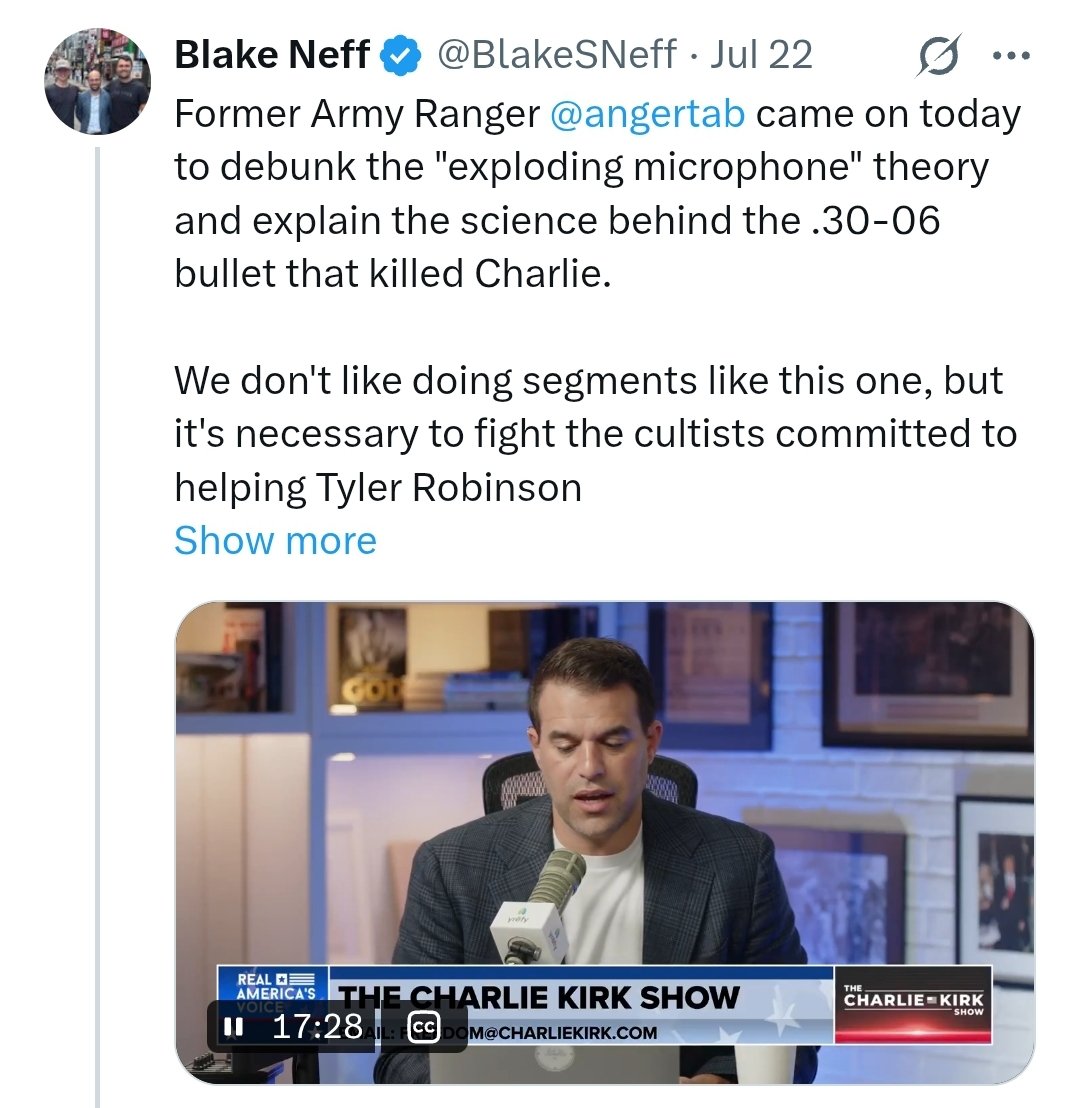 BasedSamParker's tweet photo. Andrew Kolvet & Blake Sneff will bring army rangers onto the show to debunk the exploding mic theory.

They'll call the exploding mic theory "dumb crap."

What they won't do is simply release some audio from the Rode mic to prove it didn't explode and make everyone espousing that theory look silly.

Curious.