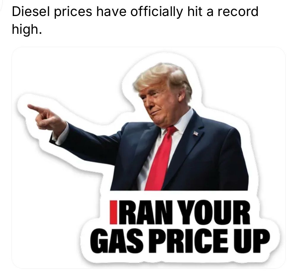 TheDemCoalition's tweet photo. Trump started a war with Iran.

You paid $4.14 at the pump — a record for Labor Day.

Diesel hit $5.85 — an all-time record.

That's not a typo. That's not inflation. That's the bill for a war you didn't choose, sent to families who can least afford it.

#ResistTrump https://t.co/XXXml8EW0x