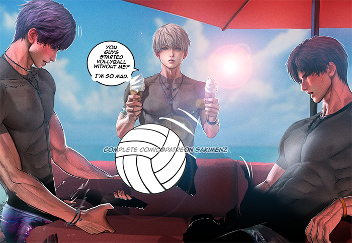 sakimenmenz's tweet photo. Rafayel and Zayne started the beach match without Xavier. Ice cream timeout. #LoveandDeepspace