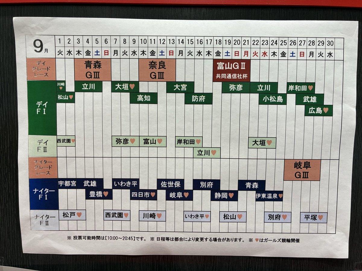 clap_kashima's tweet photo. おはようございます。
9月6日 本日の開催は

青森競輪ＧⅢ決勝
豊橋ナイター競輪決勝
西武園ナイター競輪
#競輪
#クラップかしま https://t.co/HA831m8rRL