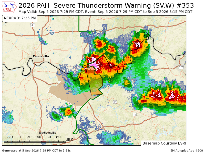 TriStateAlert's tweet photo. PAH issues Severe Thunderstorm Warning [wind: 60 MPH (RADAR INDICATED), hail: <1.00 IN (RADAR INDICATED)] for Daviess [KY] till 8:15 PM CDT https://t.co/zD9qFd5GSg https://t.co/XHCYXKCys3