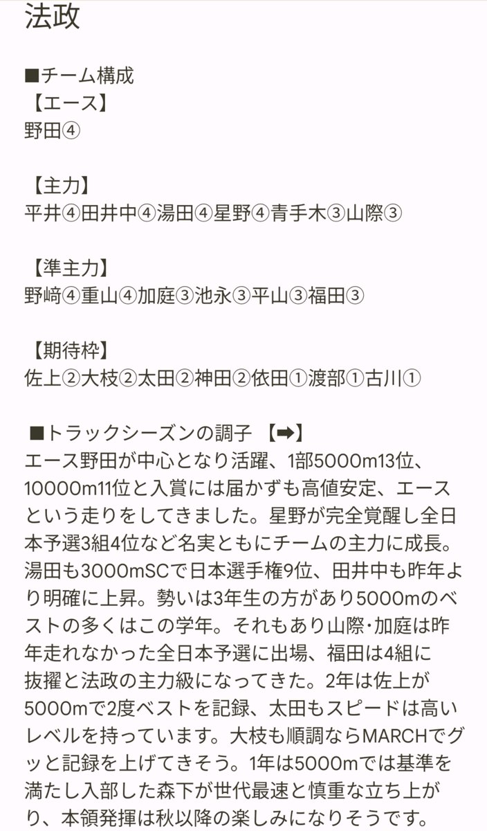 Realimpact2019's tweet photo. 夏の戦力表2026㉝
【法政大学】

野田･湯田の活躍と3年生の勢いが光ったトラックシーズン、ここに春良かった佐上など下級生がどこまで割って入れるかが基本の構図となりそうです。
区間予想してみても基本3年生以上になるよな、という感じなので。
下級生から28分台が2人は出てきて欲しい。 https://t.co/EkaWOEDHyz