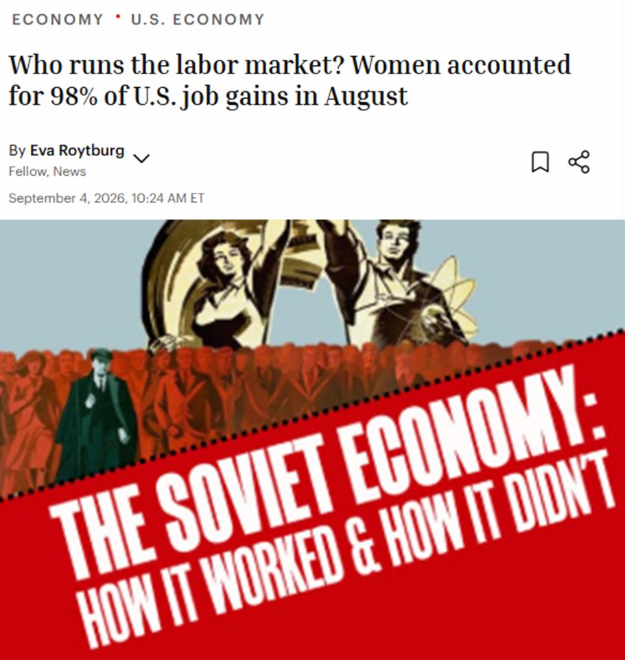 AI_EmeraldApple's tweet photo. So women make up 98% of the job gains in the US in August...

This is a sign that our economy is in bad shape... a Soviet style Potemkin economy, propped up by fake jobs, fake stats, and fake productivity that parasitises the real economy. 

The majority of "women's" jobs are not product-producing jobs. A lot exist as auxiliary jobs that are created by quotas and mandates rather than actual corporate need.

The fact that 98% of the gain was in women's jobs is exactly that... most of them are probably the same kind of net-neutral or negative productivity jobs that will harm the economy in the long run.