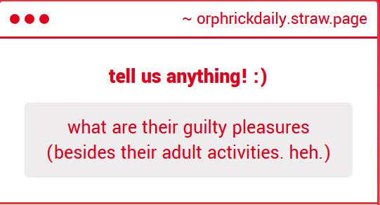orphrickdaily's tweet photo. "what are their guilty pleasures (besides their adult activities. heh.)"
Adult activities.........
#orphricksp https://t.co/jl0wuJvpRq https://t.co/l9TSHZr9QQ