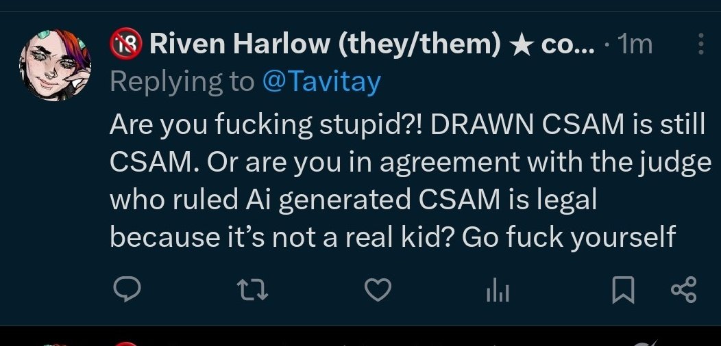 Tavitay's tweet photo. Ai generated csam is taking the likeness of a real child and putting it into a computer and generating sexual pictures about it. Like a deep fake You can find lolisho horrible but a manga artist drawing a character is not the same as someone creating csam using minors. https://t.co/eUf2MTavHH