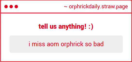 orphrickdaily's tweet photo. "i miss aom orphrick so bad"
You and me both, anon. You and me both... sighs... Missing Orphrick like a MF............... π¬
#orphricksp https://t.co/jl0wuJvpRq https://t.co/B541uiEnsF