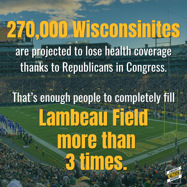 CommunityActWI's tweet photo. The #Badgers are taking over Lambeau this weekend. 🏈 But here’s a number harder to cheer for:

270,000 Wisconsinites could lose healthcare because of Republicans like @DerrickVanOrden.

That’s enough to fill Lambeau more than 3 TIMES.

Vote YES on the Healthcare Action Plan. https://t.co/rnrMd4qsz7