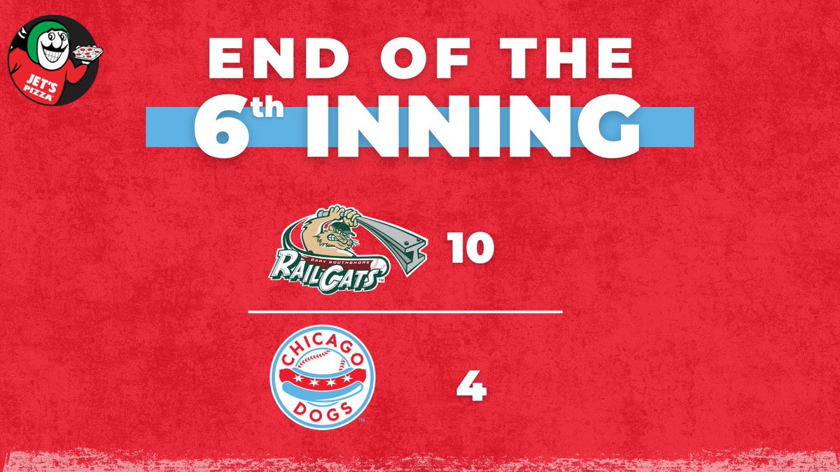 TheChicagoDogs's tweet photo. The 6th inning score update is presented by Jet’s Pizza, the official pizza of the Chicago Dogs! 🍕 #NoKetchup https://t.co/HiEaUypTmP