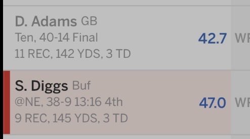 LottSuchanek's tweet photo. @SleeperHQ I did have Diggs and Davante Adams, they combined for 89 points. https://t.co/hSTDe9tiNA