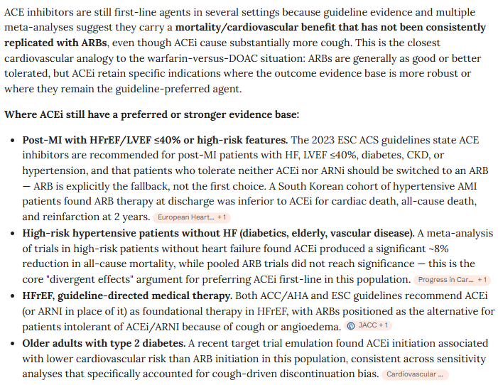 JPinilla_MD's tweet photo. If ARBs are generally better tolerated, why do we still use ACE inhibitors?
According to OpenEvidence, these are scenarios where ACEi may still be preferred over ARBs.
#MedTwitter #CardioX , when do you still choose an ACEi? https://t.co/uOZRFpQfjA