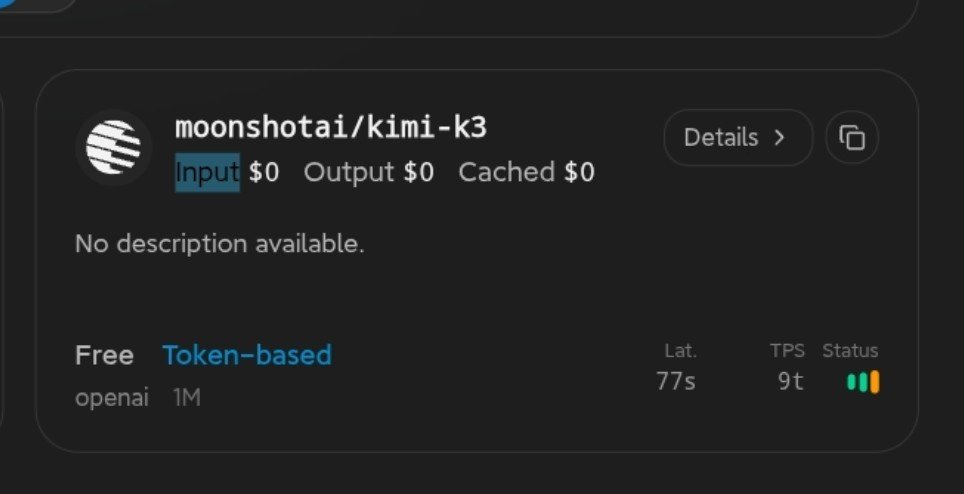 rebubit's tweet photo. Kimi K3 and other top AI models are FREE right now

KiosAPI gives free access to:

• Kimi K3
• MiniMax M3
• GLM 5.3 Flash
• DeepSeek V4 Flash

just:

1. create an account
2. generate your API key
3. use https://t.co/IiVpDHrNQd
4. pick a $0 model

OpenAI compatible API

this is worth checking out