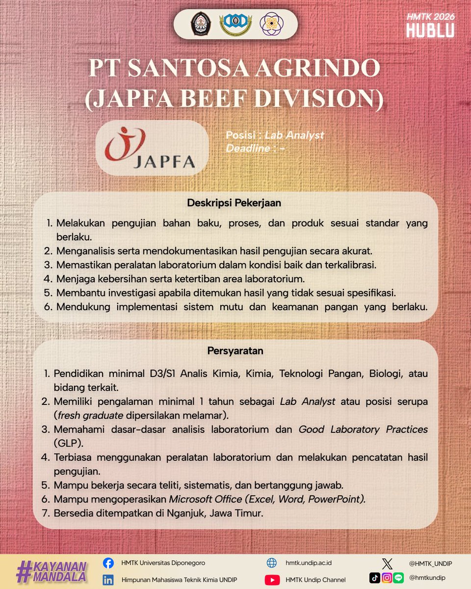HMTK_UNDIP's tweet photo. Simak informasi lengkap mengenai posisi dan kualifikasi pada setiap slide. Untuk detail pendaftaran dan persyaratannya, silakan scan QR Code yang tertera pada slide terakhir.

Jangan lewatkan kesempatan ini! Persiapkan CV terbaikmu dan wujudkan karier impianmu. https://t.co/KS0tJB7iVy