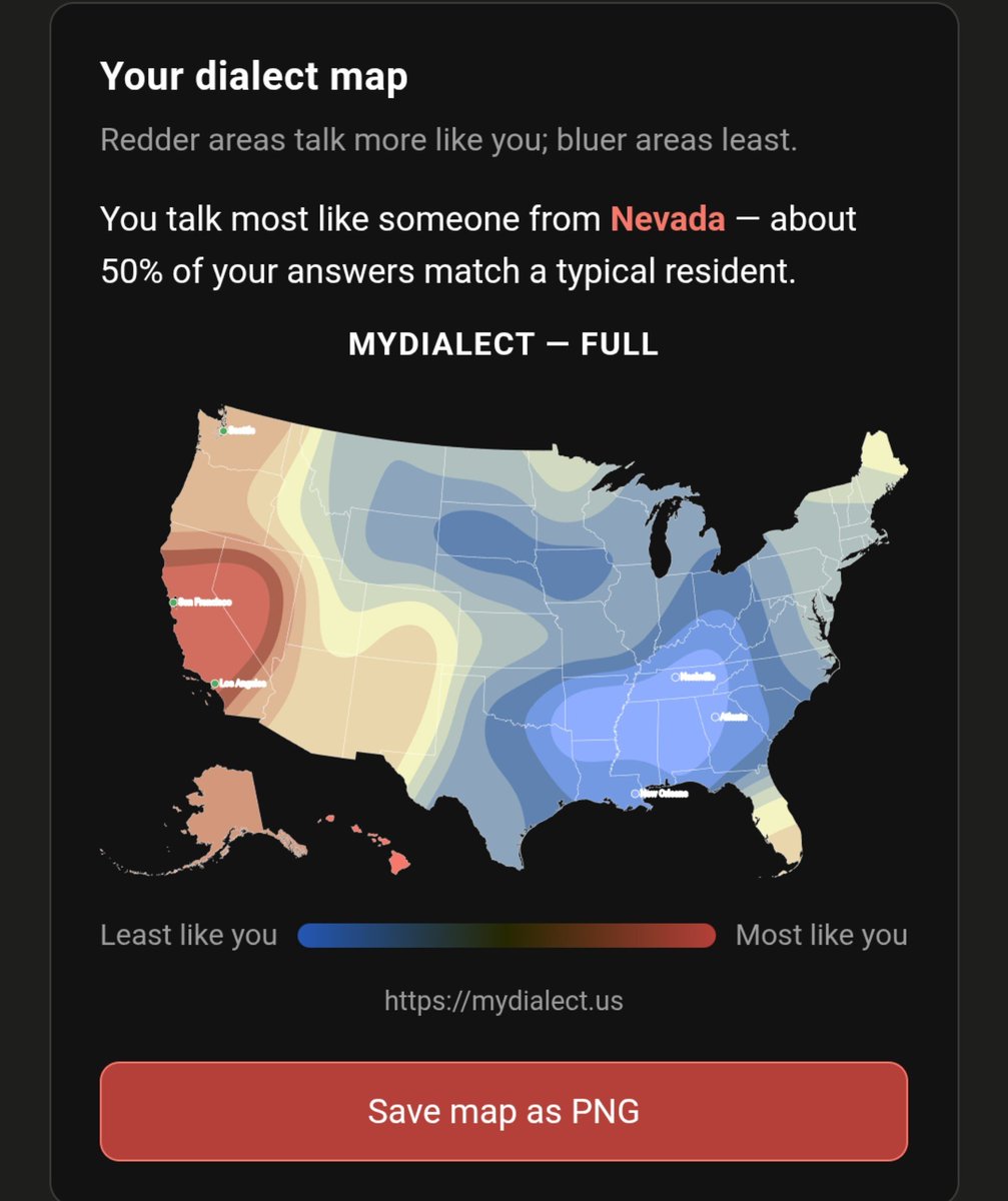 unkn0wn_dem0lvr's tweet photo. I'm canadian (GTA) but I got nevada?

apparently I'm least like all the southern cities. nashville, atlanta, and new orelans are the cities I'm least like. and I'm most like SF, LA, and seattle. weird? I thought I'd get northern states like NY considering I'm in southern ontario https://t.co/fYYifud6Qd