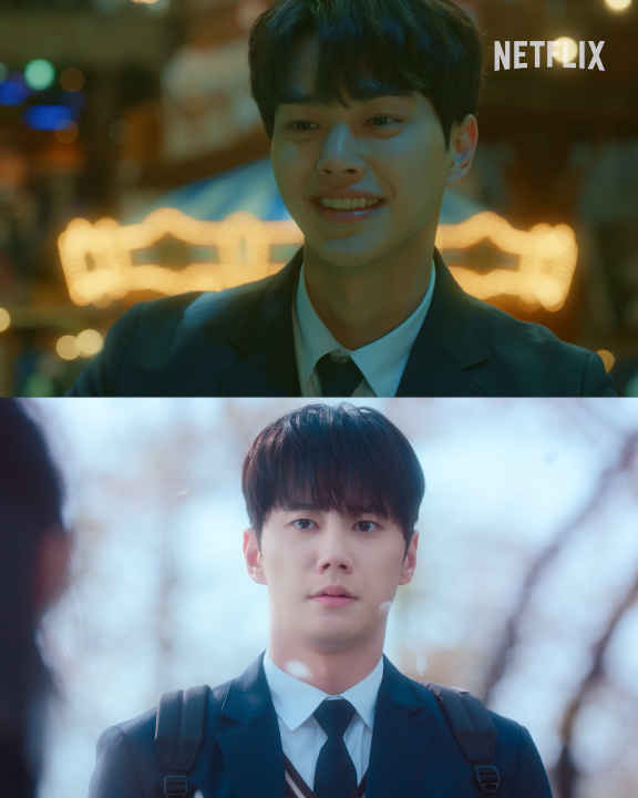 Two stacked screenshots from a Netflix show featuring a young East Asian man in a suit, smiling in the top frame and looking serious in a snowy setting in the bottom frame.