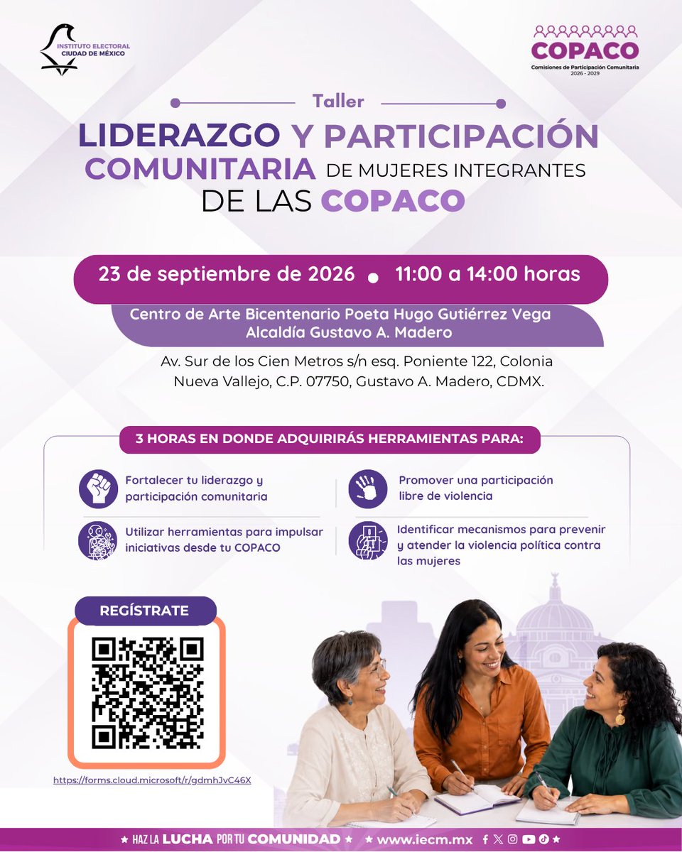 IECMDD09's tweet photo. Participa en los Talleres “Liderazgo y participación comunitaria de mujeres integrantes de las Comisiones de Participación Comunitaria (COPACO)”, que se llevarán a cabo los días 9 y 23 de septiembre de 2026. Elige la sede que te quede mejor: 👇👇 https://t.co/ihohApvPwS
