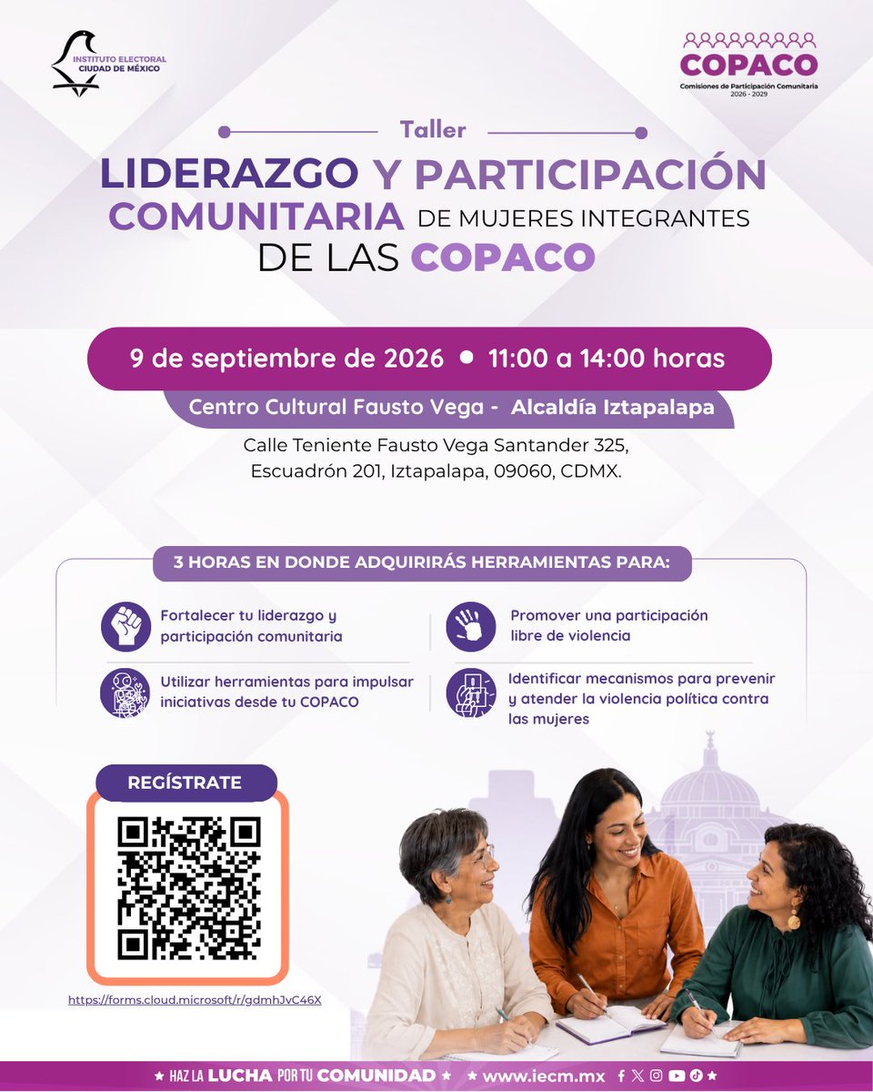 IECMDD09's tweet photo. Participa en los Talleres “Liderazgo y participación comunitaria de mujeres integrantes de las Comisiones de Participación Comunitaria (COPACO)”, que se llevarán a cabo los días 9 y 23 de septiembre de 2026. Elige la sede que te quede mejor: 👇👇 https://t.co/ihohApvPwS