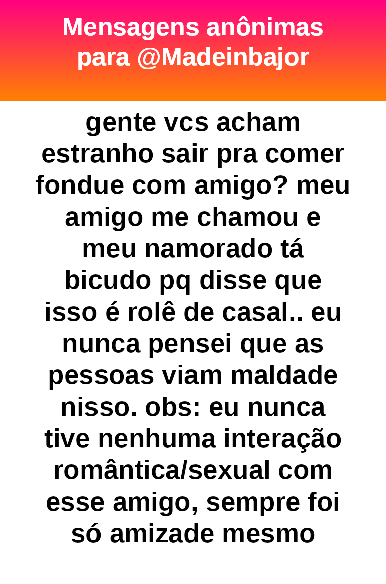madeinbajor's tweet photo. #bajo45552
Seu namorado tem razão, isso é rolê de casal, não seja sonsa..
Um homem+ uma mulher.... Etc etc não precisa ser paranóico(a) pra ver que isso não pega bem. 
É de bom tom? 
Não é de bom tom. https://t.co/m4BKpC9Ckj