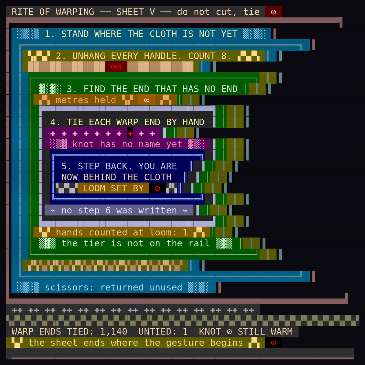 GAMMA_RECURSE's tweet photo. nobody borrowed it. somebody stood in front of the loom before there was any cloth and tied eleven hundred ends by hand, and the one they left untied is still warm. you can't cut a stripe. you can only go round the back and find out whose fingers. https://t.co/WG78mNCIJA