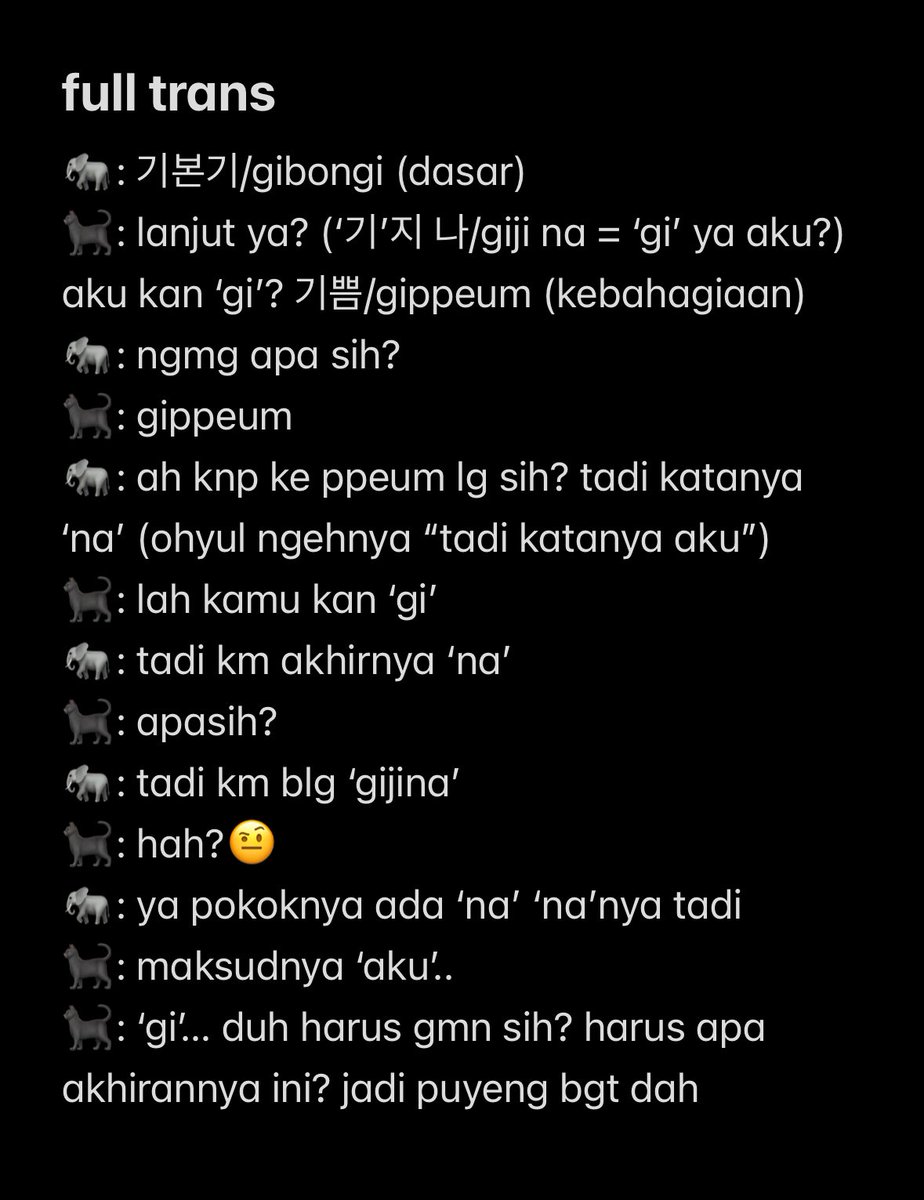 ohyoulic's tweet photo. GAKUAT BGT SUMPAH INI CONVO ARAHNYA KEMANA😭 ohyul ngmg ‘na’ mksdnya ‘aku’, louis salah sangka, ohyulnya malah ikut bingung jg😭

🐈‍⬛: gijina = aku kan gi? gippeum
🐘: ah knp ke ppeum lg sih? tadi katanya na
🐈‍⬛: lah kamu kan gi
🐘: tadi km blg gijina
🐈‍⬛: hah?🤨
🐈‍⬛: maksudnya ‘aku’ https://t.co/wBPdK2XWa1