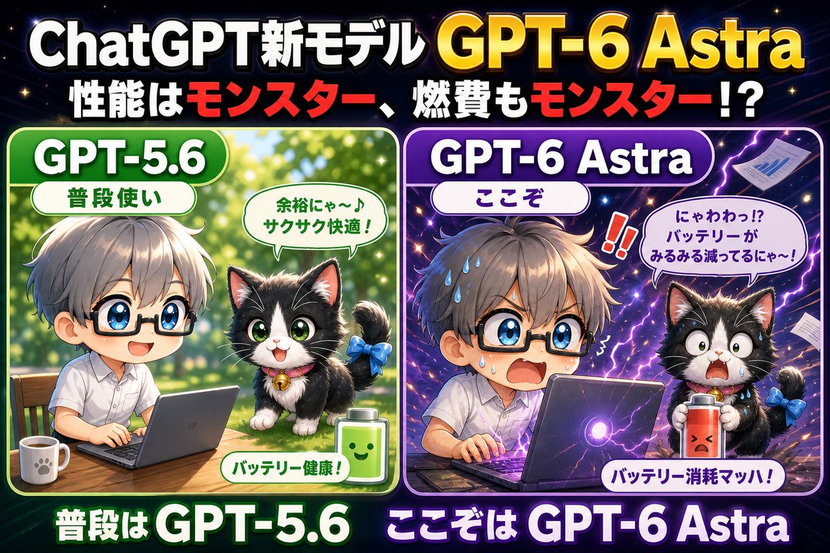 nicosokufx's tweet photo. ChatGPT GPT-6 Astra「性能はモンスター、燃費もモンスターか！？」🤣

使ってみた感想…

✅5.6 Solより明らかにパワフル
✅複雑な調査・作業ほどAstraの強さを実感
✅ただし残り使用量（時間）がごりごり減る🤣

公式のWork/Codex料金表でも、
同じトークン量ならAstraは5.6 Solの約2.5倍。

普段は5.6、
ここぞの場面でAstra。

この使い分けが良さそう👀