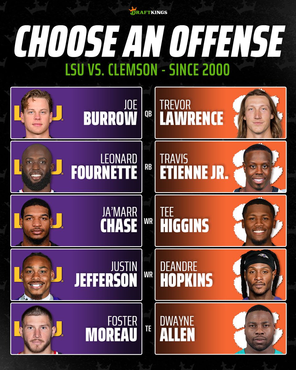 DKSports's tweet photo. PICK ONE ‼️

Which offense are you riding with... LSU or Clemson? 🤔 https://t.co/ywgE5GwVNv