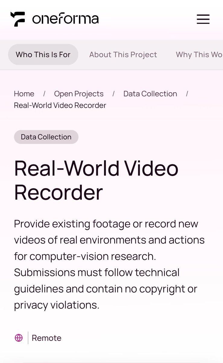 OlatunjiAyokan2's tweet photo. If you have quality videos on your phone, check this OneForma opportunity. 

🎥 Real-World Video Recorder
💰 Usually pays around $50 per approved asset
🌍 Worldwide | Remote
⏱️ About 1 hour

Submit existing footage or record new videos to help train AI models to understand real-world environments and actions.

720p minimum | 1080p/4K recommended

Link in the comments.