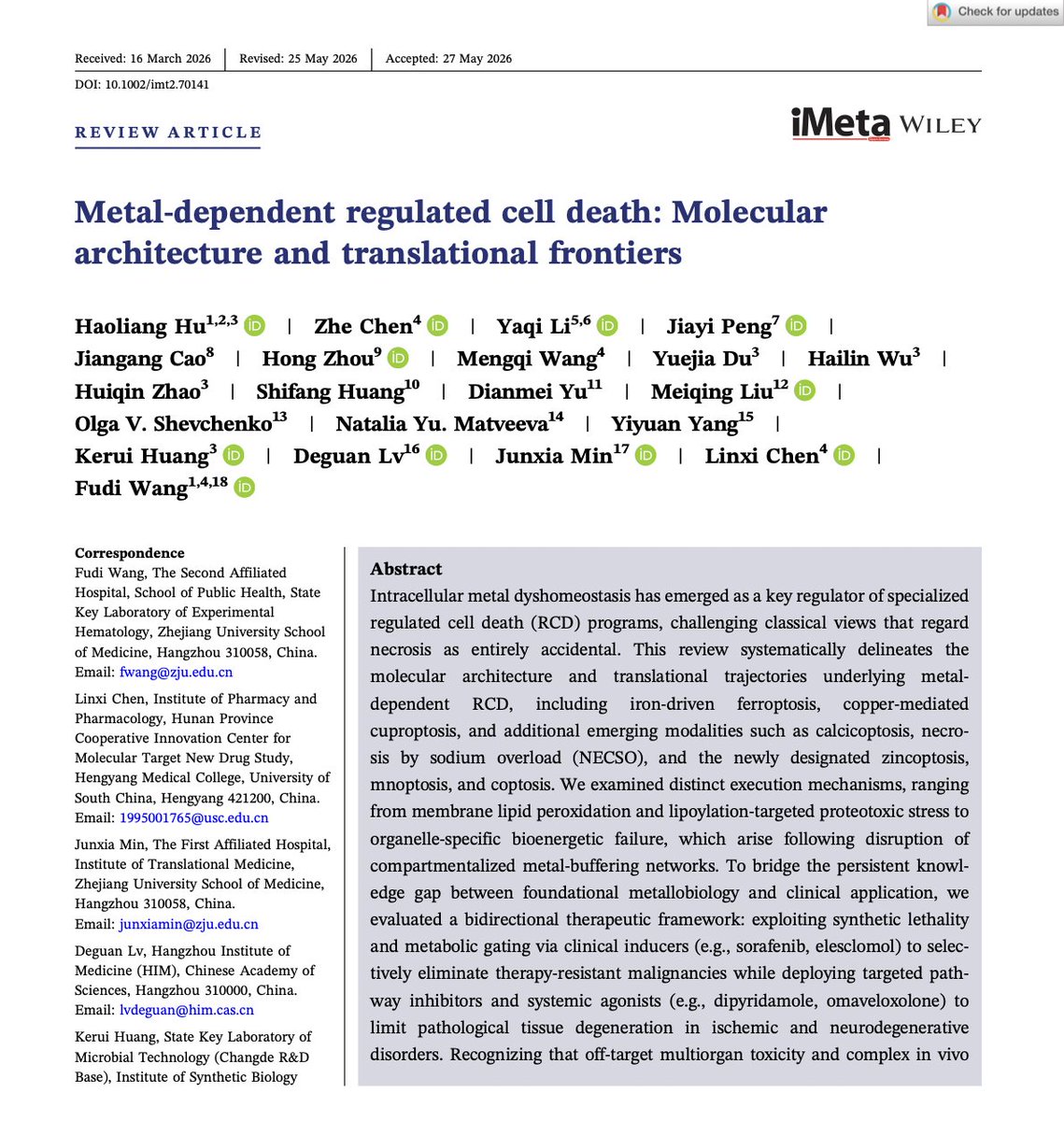 fudi_wang's tweet photo. Delighted our Review Metal-dependent regulated cell death is the cover story of @iMetaScience We map the metal‑dependent RCD (ferroptosis, cuproptosis, zincoptosis, calcoptosis and more) and translational strategies. Full text: https://t.co/yUDyU3lzGc  #CellDeath #Ferroptosis https://t.co/yEdcGa3xVQ