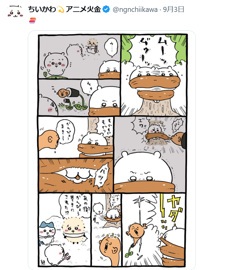 michipo5's tweet photo. ごめん！この考察間違ってた！

くら寿司×ちいかわコラボが突然中止になった件。本当の答えはナガノ先生の漫画にありました。

中止発表前の２作の「かんぴょう」漫画からの考察をまとめます↓

❶９月２日の漫画

一見するとちいかわが「かんぴょうは嫌いだけど味のしみ込んだお寿司すき」というほっこり漫画です。

ですがよくよく見ると別の要素が読み取れます

「かんぴょうの味が染み込んだお寿司が好き」

・巻物からかんぴょうだけをわざわざ抜き取る

表面上は食べ方の話ですが、今回問題になったのは、本来お客さんに渡るはずの景品を、従業員が不正に持ち出した件です。

「本来そこに入っているものを、内部の人間が先に抜き取る」

という意味では、かんぴょうを抜く行為が、景品の「抜き取り」や「中抜き」とぴったり重なります

❷９月３日の漫画

うってかわって巨大なかんぴょう怪物にちいかわが襲われ絶叫しながら食いちぎる。なんとも勇敢なバトル漫画になっています。

じつはＸ上ではこの怪物が「くら寿司の社長に似ている」と話題になっているんです！

いやいや、またまた、こんな怪物に似てる人なんているわけないでしょ…とググってみたところ…

や、ヤバイ！
似すぎている…！！！

と、私の口からはとてもじゃないけど言えません。ですが似てないとも言えない。いや似ている。いや言えない。

非常にセンシティブなラインでした。

しかもかんぴょう巻き。じつはこれ、Ｘ調べによると大手回転ずしチェーンの中ではくら寿司しか置いてないらしい。らしい。なので本当かどうかわかりませんが、タイムリーなことに我が家は昨日くら寿司でかんぴょう巻きを食べたのでくら寿司にあることは確実です。

ここでもくら寿司を強く連想させます。

さらに、かんぴょうの原料であるユウガオの花ことばは「罪」。

「罪」を象徴するかんぴょうに捕らわれたちいかわが、これまで以上に強く「イヤだ」と拒絶し、最後には自らかんぴょうを食い破って外へ出てくる。

これは、不正が起きたくら寿司との関係に縛られたちいかわ側が、

「もう続けたくない」
「ここから抜け出したい」
と訴えているのでは！？

ここまで書くと

「深読みしすぎでは…？」

とドン引きする人もいるでしょう

ですが！

じつはナガノ先生は、現実でイヤな出来事が起きたときに、キャラクターを通して発信をすることがあるんです。

コロナ禍でさまざまな催しの中止が相次いだ時期。「中止でーす」と告げる敵があらわれ、ハチワレが討伐する漫画を発表されました。

ナガノ先生自身がイヤであるということではなく、社会全体へのメッセージとして描かれているんです。

そう考えると、１つ目の漫画は「内部の人間による抜き取り」、２つ目の漫画は「その問題に巻き込まれたちいかわ側の拒絶と脱出」を表しているとしか読めなくなってきました。

中身を抜き取る描写があり、罪を連想させるかんぴょうに捕らわれ、強く「イヤだ」と拒絶し、それを食い破って外へ出た直後に、くら寿司とのコラボ全体が中止される。

もちろん、ナガノ先生が中止を求めたと公式に発表されたわけではありません。

これはあくまで私の妄想です。

あなたはどう思いますか？