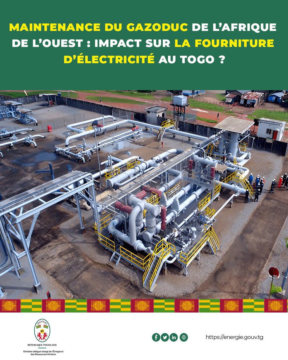 JosephLARR13349's tweet photo. La maintenance du Gazoduc de l’Afrique de l’Ouest (GAO) a temporairement perturbé l’approvisionnement en gaz naturel au Togo. Pour maintenir la production d’électricité, la CEET recourt à des combustibles liquides plus coûteux. #Togo #Électricité #CEET https://t.co/LZHXY2csnx