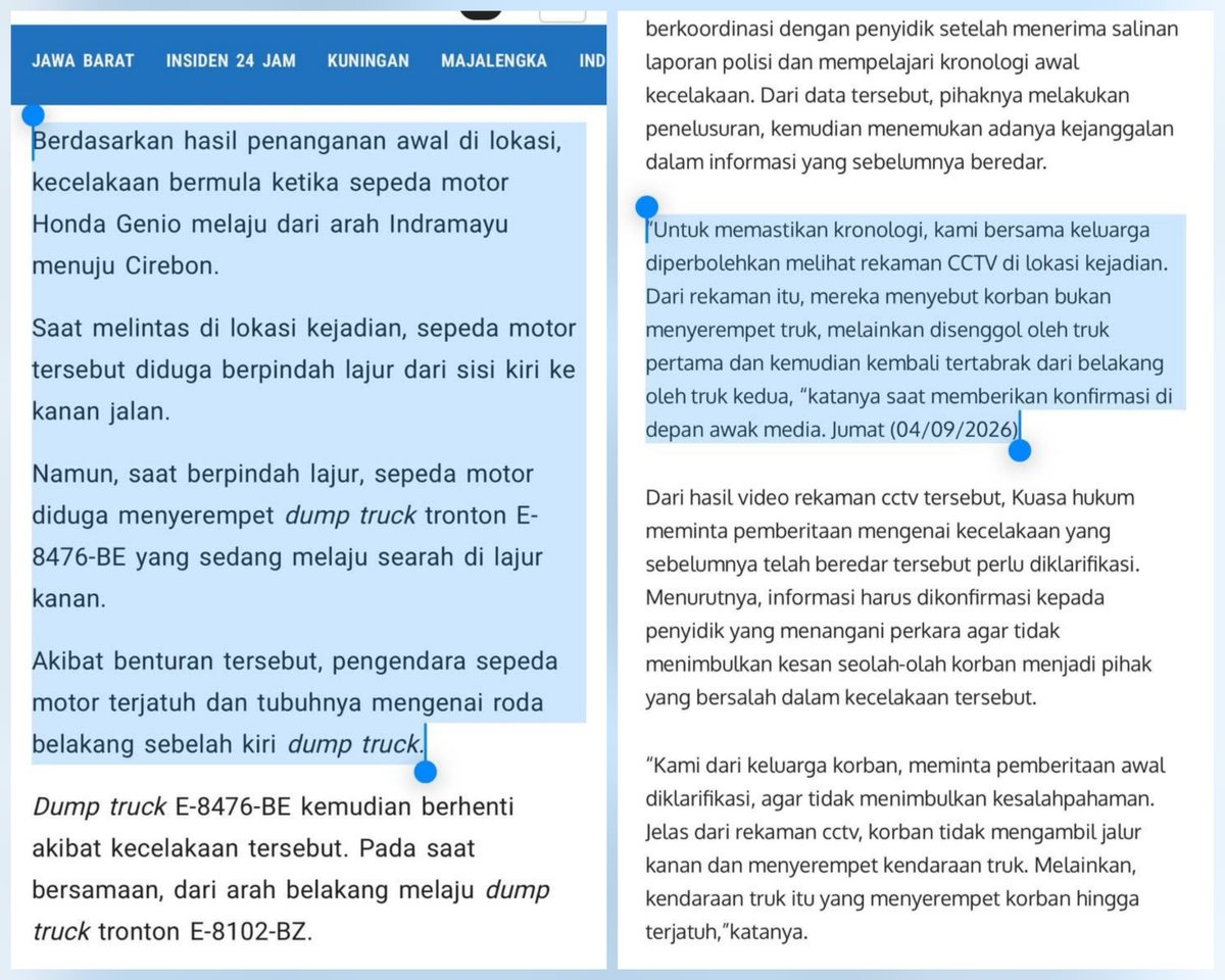 penganutsekte's tweet photo. Guys yuk buktikan kekuatan warga x juga!
Bantu Share dan Up kasus ini.

Sebelumnya, turut berduka cita untuk almarhumah Nur Syfa, semoga ditempatkan di tempat terbaik disisi Allah 💔🥀

Kronologi singkatnya:
Almh Nur Syfa meninggal dalam kecelakaan yang melibatkan dua truk, di jalur Indramayu menuju Cirebon.

Polemiknya ada di kronologi awal. 

Informasi yang beredar menyebut korban mengambil jalur kanan lalu menyerempet truk.

Keluarga dan kuasa hukum membantah kronologi tersebut setelah melihat CCTV di lokasi.

Menurut keluarga berdasarkan CCTV, korban lebih dulu tersenggol/terserempet truk pertama hingga jatuh, lalu tertabrak truk kedua dari belakang.

Karena ada perbedaan antara informasi awal dan rekaman CCTV yang mereka lihat, keluarga meminta kronologi diklarifikasi oleh penyidik.

Keluarga juga menolak mediasi dan restorative justice dan meminta perkara diproses sesuai hukum yang berlaku.

Jadi, inti tuntutannya: luruskan kronologi berdasarkan bukti dan proses perkara secara hukum.

Untuk Sementara, CCTV belum bisa di publikasi karena masih dalam proses penyidikan.

@DivHumas_Polri 
@DivHumas_Polri
@DivHumas_Polri
