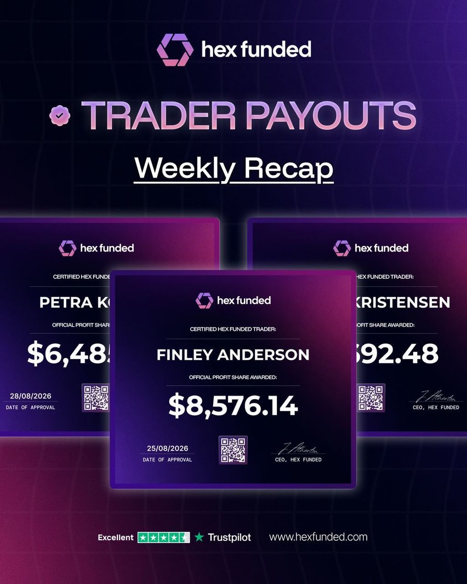 merci__mon_dieu's tweet photo. Congratulations to these 3 traders 🔥

🎯 Petra Kovac - $6,485.24
🎯 Simon Kristensen - $5,692.48
🎯 Finley Anderson - $8,576.14

No delays. No excuses. Just traders getting paid what they earned.

✈️ Q4 is coming. Get funded before it arrives.

45% OFF is live, and it's the biggest one yet.

🟣 45% off any challenge
🩷 Buy one, get one free account

Fully funded and ready to trade before the new quarter hits.

Use code DOVE at checkout

Why Choose @HexFunded
- Fast Reward Processing 
- No Hidden Rules
- Zero Payout Denials
- Upto 200k Instant funding 
- 24/7 Hour Support 
 - Trade on MT5

U CAN GRAB URS NOW: https://t.co/yCSy0EYyI6

HUGE DISCOUNT CODE: DOVE

TRY @HexFunded - TRY BETTER ⚖️
