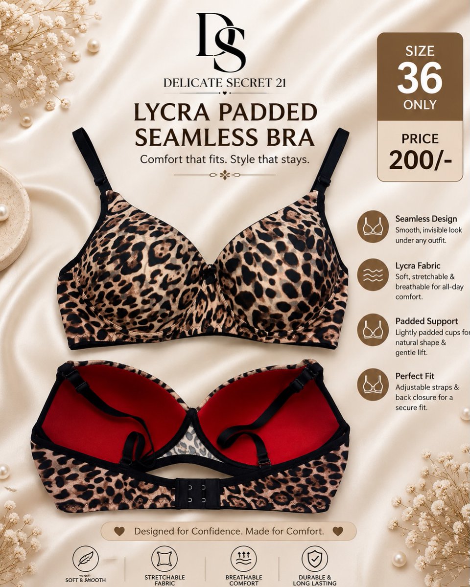 SimonEspinyu's tweet photo. Unleash your wild side with all-day comfort. Our Lycra padded seamless bra offers a smooth fit, breathable feel, natural shape, and adjustable straps. Size 36 only. ₹200. DM to order. https://t.co/8B8Ysqcjez