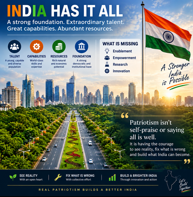 ArRamkrish's tweet photo. @Neha_S_Patel India has the talent, capability, resources &amp; foundation. What we need is stronger enablement, empowerment, research &amp; innovation. Patriotism isn't self-praise or saying all is well. It is having the courage to see reality, fix what is wrong &amp; build what India can become. https://t.co/yFTSFvKHkx