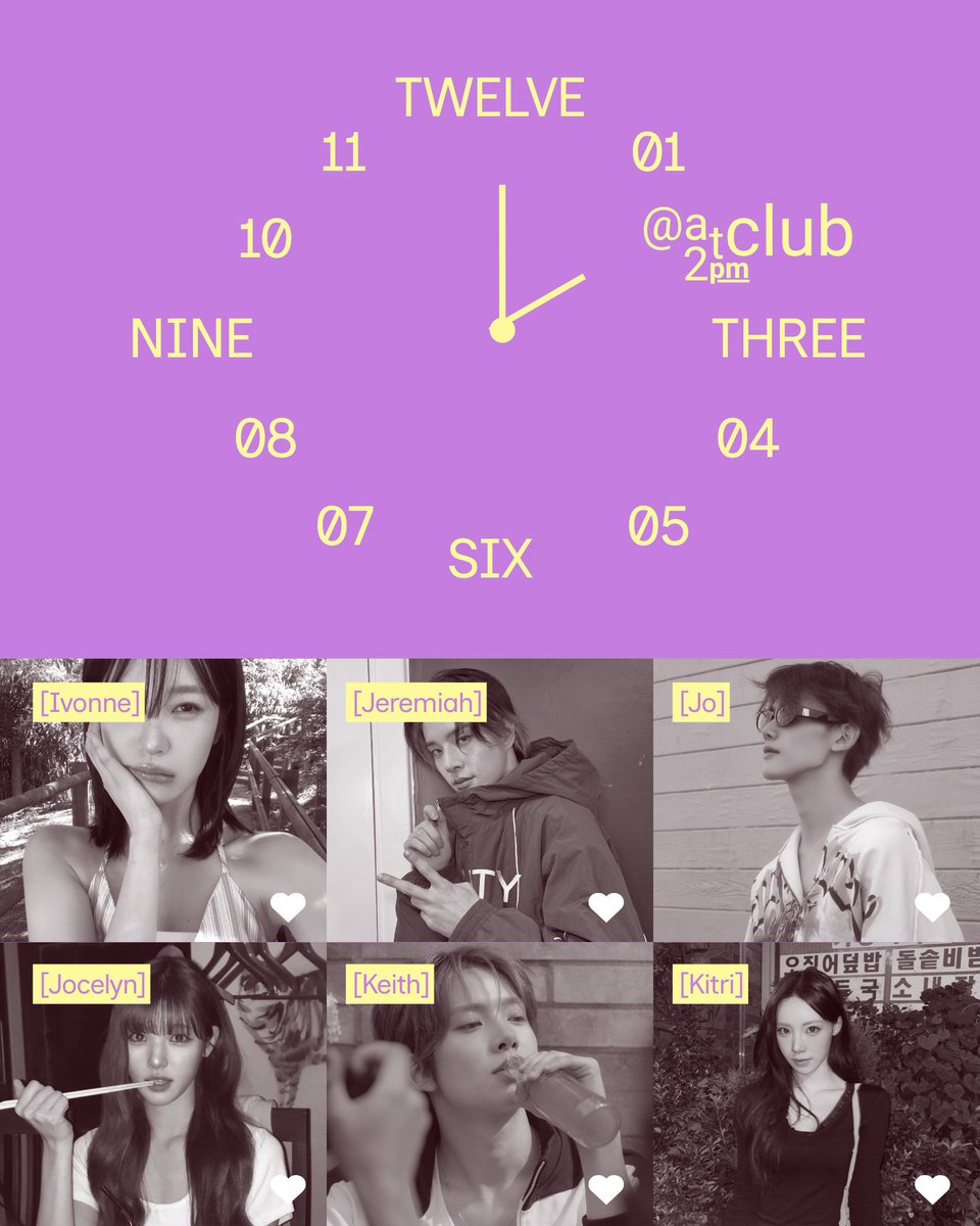 at2pmclub's tweet photo. 24 members, 24 hours, but one thing stays the same: we meet at 2PM. Wherever your hour takes you, we’ll find each other here. Welcome our members, let’s make this hour ours! ⏰ https://t.co/r1nBMcfVIk
