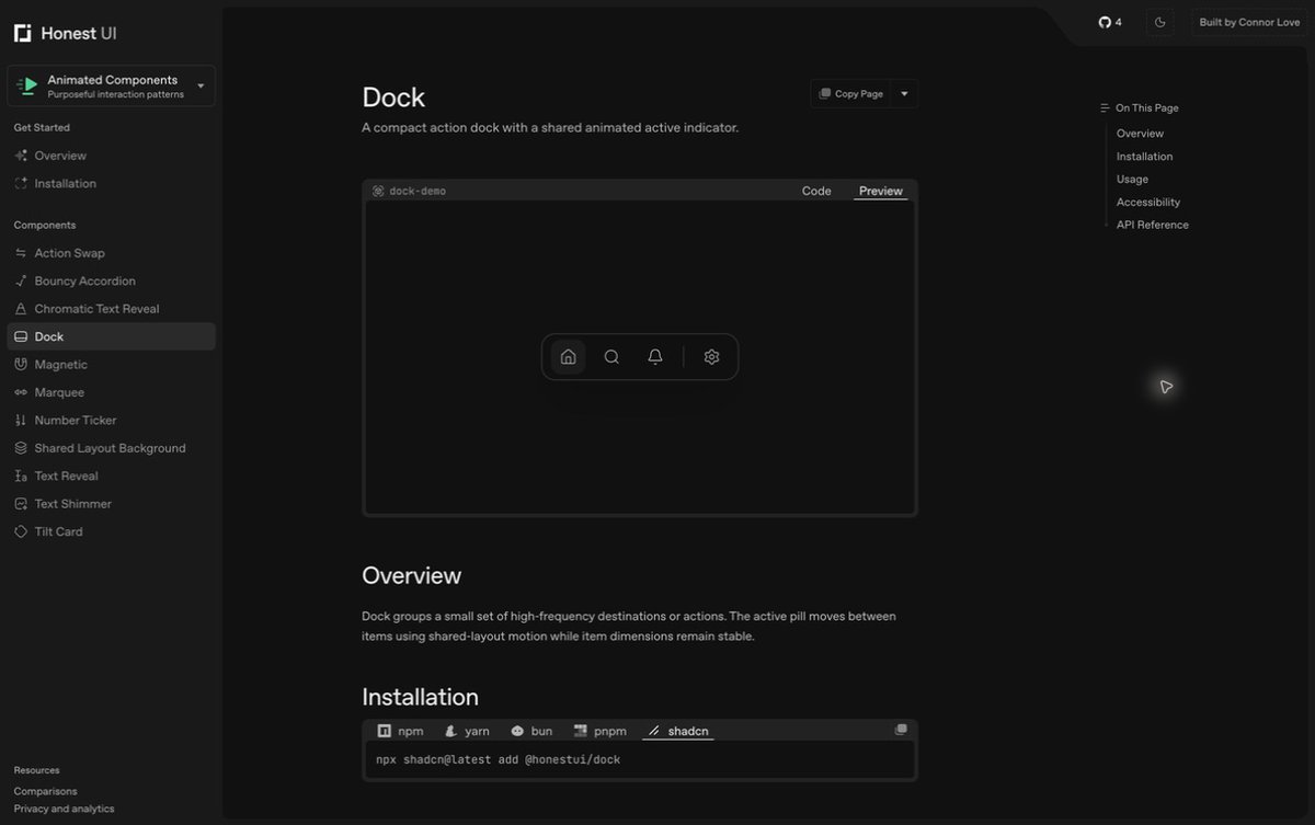 connorlove_dev's tweet photo. One small React detail: an active pill that moves between dock items.

HonestUI’s Dock keeps the buttons the same size while the indicator moves.

Copy the component. Edit the source.

https://t.co/RoU4Xxianu https://t.co/oBF0Gywuj8