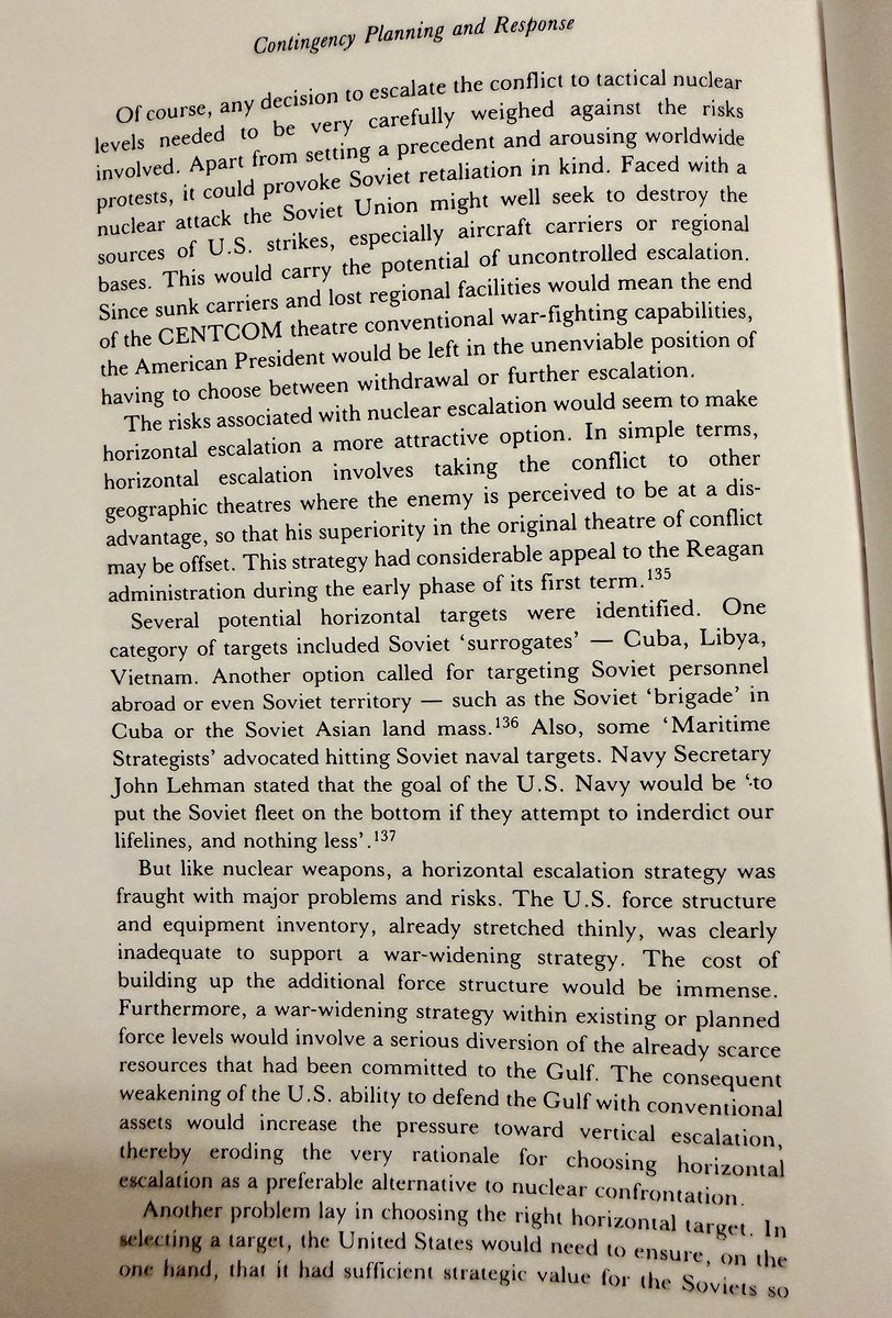 AmitavAcharya's tweet photo. Possibility of US using nuclear weapons against Iran is growing as Iran threatens US carrier battle group. As I wrote in my 1989 book, U.S. Military Strategy in the Gulf,  drawing on congressional documents & my interviews in Washington, the Central Command from its inception has had contingency plans for nuclear strikes on Iran. That scenario may be drawing closer. 

My discussion then (see the attached pages) was about US response to a possible Soviet invasion of Iran which was CENTCOM’s founding mission, but without Iranian nuclear deterrence, the US can use nuclear weapons in Iran with less constraint,

“Escalation Trap” ?@ProfessorPape